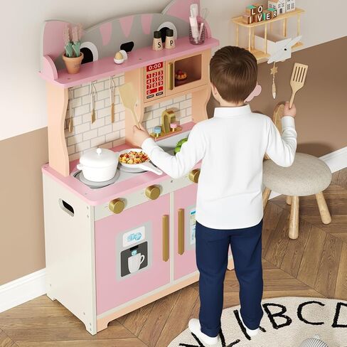 مطبخ اللعب الخشبي للأعمار من 3 إلى 8 أطفال، مجموعة لعب مطبخ بتصميم قطة مع ميكروويف وموقد وحوض ومقابض النقر، لعبة تظاهر للأطفال للأولاد والبنات، باللون الأبيض in Kuwait