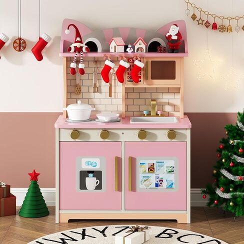 مطبخ اللعب الخشبي للأعمار من 3 إلى 8 أطفال، مجموعة لعب مطبخ بتصميم قطة مع ميكروويف وموقد وحوض ومقابض النقر، لعبة تظاهر للأطفال للأولاد والبنات، باللون الأبيض in Kuwait