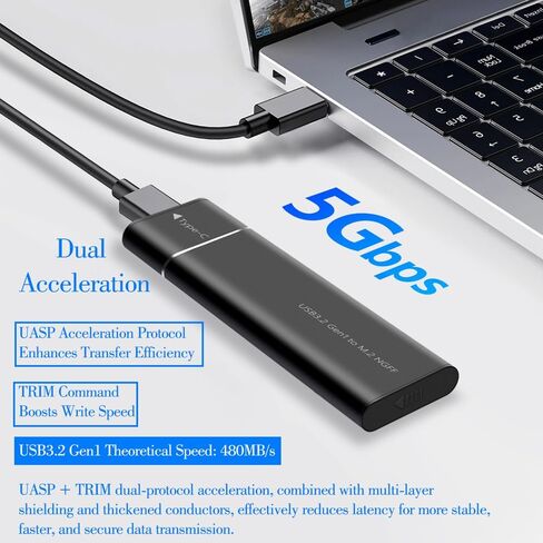 حاوية القرص الصلب - بروتوكول NGFF/SATA، واجهة USB، نقل عالي السرعة 5 جيجابت في الثانية، يدعم محركات الأقراص الصلبة 8 تيرابايت، تصميم هيكل معدني أنيق، مناسب لأجهزة الكمبيوتر المحمولة وأجهزة الكمبيوتر (أسود) in Saudi Arabia