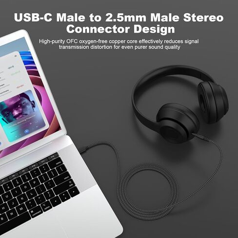 كابل صوت USB C بديل إلى 2.5 مم متوافق مع Audio Technica ATH-M40x، ATH-M50x، ATH-M60x، سماعة رأس ATH-M70x، سلك Aux لهاتف iPhone 15/16، iPad، Samsung، الكمبيوتر الشخصي، الهاتف الذكي in Saudi Arabia