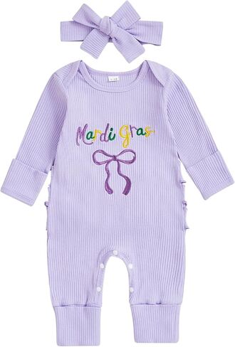 Sasaerucure Newborn Infant Baby Girl Mardi Gras Outfit Bow Print Purple Onesie Long Sleeve Knit Romper + Headband 2Pcs in Saudi Arabia