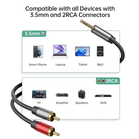 كابل Vancle 3.5 مم إلى 2RCA، محول مقبس سماعة رأس 4.9 قدم Aux إلى 2RCA ذكر إلى ذكر، سلك مساعد مقسم ستيريو HiFi 1/8 Y للهواتف، ومكبرات الصوت، والكمبيوتر اللوحي، وMP3، ومكبرات الصوت، HDTV in Saudi Arabia