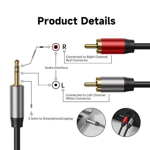 كابل Vancle 3.5 مم إلى 2RCA، محول مقبس سماعة رأس 4.9 قدم Aux إلى 2RCA ذكر إلى ذكر، سلك مساعد مقسم ستيريو HiFi 1/8 Y للهواتف، ومكبرات الصوت، والكمبيوتر اللوحي، وMP3، ومكبرات الصوت، HDTV in Saudi Arabia