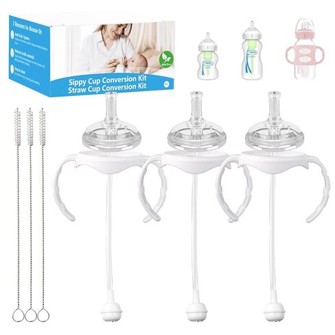 Straw Cup Conversion Kit Compatible with Dr. Brown's Wide-Neck Baby Bottles,Toddler Transition Kit with Soft Straw Nipple,Bottle Handles,Storage Bottle Caps (Model 2) in Kuwait
