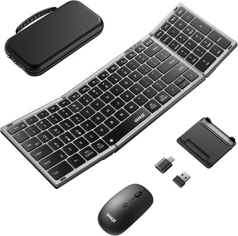 مجموعة لوحة مفاتيح وماوس محمولة قابلة للطي، اتصال Bluetooth1/2+USB A+Type C(4 في 1)، قفل لوحة المفاتيح، تصميم صامت لاسلكي قابل للطي بالحجم الكامل للسفر/المنزل/المكتب - أسود رمادي in Kuwait