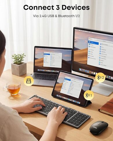 مجموعة لوحة مفاتيح وماوس محمولة قابلة للطي، اتصال Bluetooth1/2+USB A+Type C(4 في 1)، قفل لوحة المفاتيح، تصميم صامت لاسلكي قابل للطي بالحجم الكامل للسفر/المنزل/المكتب - أسود رمادي in Kuwait