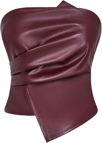 Milumia Women's Ruched PU Leather Tube Tops Strapless Asymmetrical Hem Party Club Top in Saudi Arabia