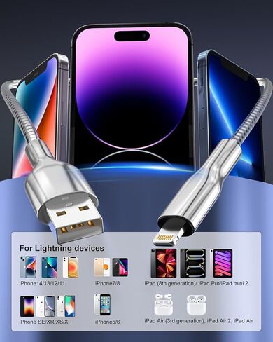 6.6FT Metal Braided USB A to Lightning Cable, Cat & Dog Chew Proof Charger Cord, Fast Charging & Data Sync, Metal Lightning Charging Cable for iPhone 14/13/12/11/8/7/6/X/XS/XR in Saudi Arabia