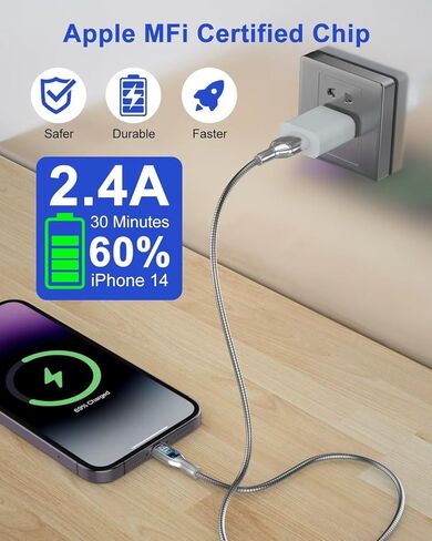 6.6FT Metal Braided USB A to Lightning Cable, Cat & Dog Chew Proof Charger Cord, Fast Charging & Data Sync, Metal Lightning Charging Cable for iPhone 14/13/12/11/8/7/6/X/XS/XR in Saudi Arabia