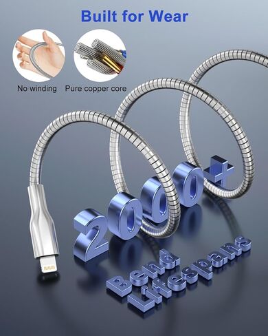 6.6FT Metal Braided USB A to Lightning Cable, Cat & Dog Chew Proof Charger Cord, Fast Charging & Data Sync, Metal Lightning Charging Cable for iPhone 14/13/12/11/8/7/6/X/XS/XR in Saudi Arabia
