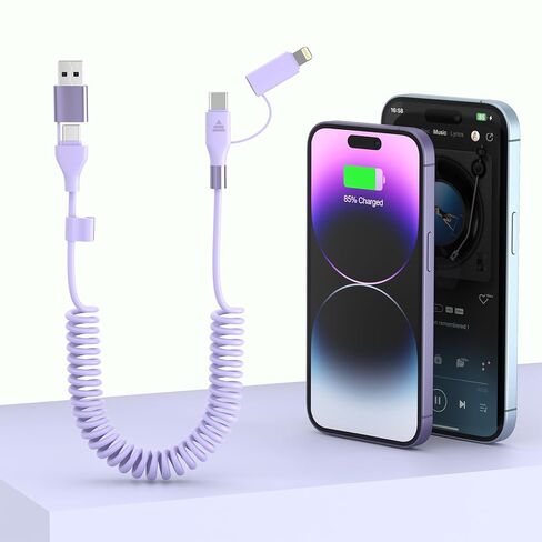 ملفوف Carplay 4 في 1 USBA/Type C إلى USB-C/Lightning Cable متعدد التحرير والسرد لـ Apple Carplay & Android Auto، 60 واط شحن سريع ومزامنة البيانات سلك شاحن سيارة لهاتف iPhone 15/14/13/12، سامسونج، Android-Pink in Kuwait