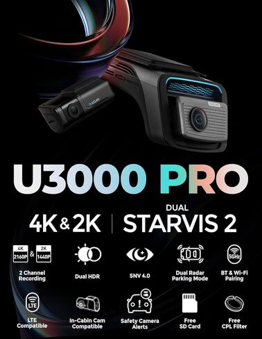 Thinkware U3000 PRO 4K/2K 2CH Dash Cam with LTE Module – Front & Rear Dual Recording, Sony STARVIS 2, Radar Parking, Super Night Night Vision 4.0, GPS, Wi-Fi, Bluetooth, LTE Connected Features in Kuwait