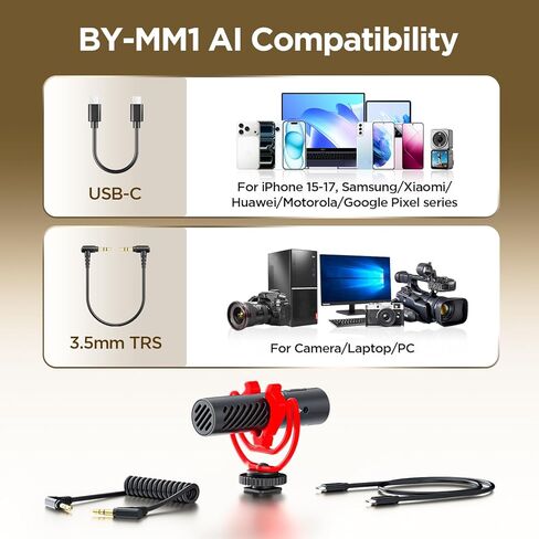 ميكروفون BOYA BY-MM1 AI على الكاميرا لهواتف iPhone15/16/17 وAndroid وكاميرات DSLR - تقليل الضوضاء، إعدادات EQ المسبقة، ميكروفون فيديو ببطارية 30 ساعة لتسجيل بث Vlog Podcast (كابل TRS/USB-C) in Kuwait