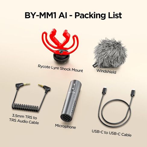 ميكروفون BOYA BY-MM1 AI على الكاميرا لهواتف iPhone15/16/17 وAndroid وكاميرات DSLR - تقليل الضوضاء، إعدادات EQ المسبقة، ميكروفون فيديو ببطارية 30 ساعة لتسجيل بث Vlog Podcast (كابل TRS/USB-C) in Kuwait