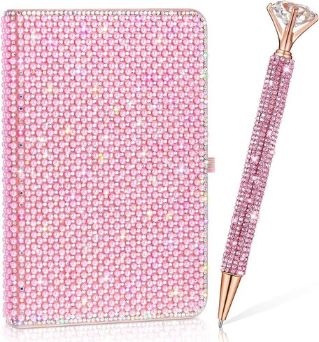 Rhinestone Notebook Pen Sets Bling Pocket Notebook Crystal Pens Mini Diamond Hardcover Glitter Diary Office Desk Accessories for Women(A6,Silver) in Saudi Arabia
