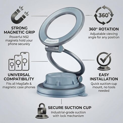 Magnetic Car Phone Mount, 0.83" Ultra-Slim Foldable Holder, [Vacuum Suction & Adhesive Pad] for Textured Dashboard/Windshield, 3-Joint Metal MagSafe Mount for iPhone 17 Pro Max/Pixel (Blue) in Saudi Arabia