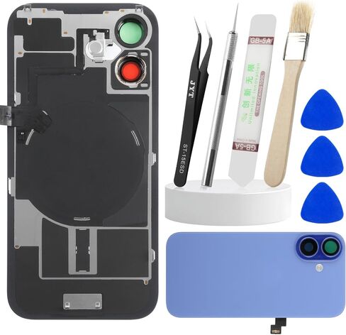 OEM لهاتف iPhone 16 مقاس 6.1 بوصة غطاء خلفي زجاجي بديل (أزرق مخضر) غطاء خلفي جميع الأجزاء الضرورية مع عدسة كاميرا مغناطيسية بإطار معدني، كابل مرن لملف الشحن اللاسلكي وحامل ميكروفون in Kuwait