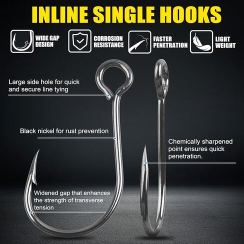 Inline Single Hooks Kit, 185pcs Single Replacement Hooks for Hard Lures Baits Inline Circle Hooks with Split Rings Large Eye Fishing Hooks Saltwater Freshwater for Treble Hook Replacement in Saudi Arabia