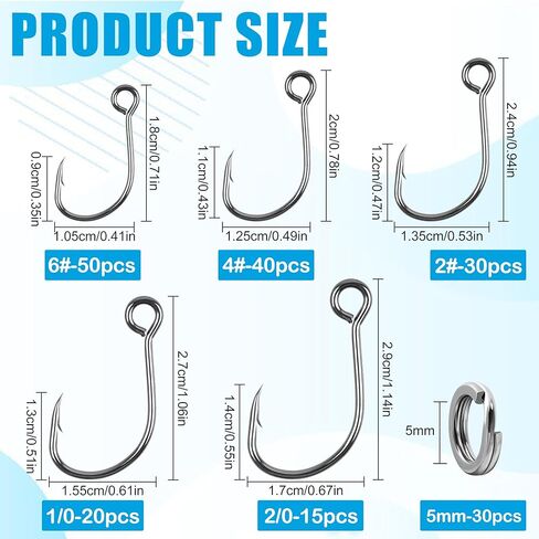 Inline Single Hooks Kit, 185pcs Single Replacement Hooks for Hard Lures Baits Inline Circle Hooks with Split Rings Large Eye Fishing Hooks Saltwater Freshwater for Treble Hook Replacement in Saudi Arabia