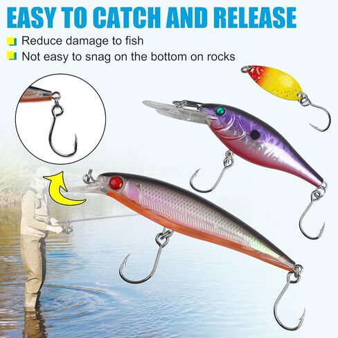 Inline Single Hooks Kit, 185pcs Single Replacement Hooks for Hard Lures Baits Inline Circle Hooks with Split Rings Large Eye Fishing Hooks Saltwater Freshwater for Treble Hook Replacement in Saudi Arabia