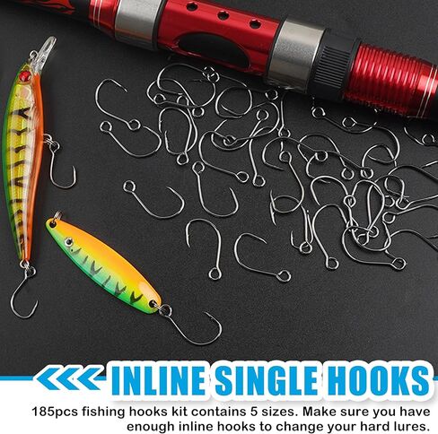 Inline Single Hooks Kit, 185pcs Single Replacement Hooks for Hard Lures Baits Inline Circle Hooks with Split Rings Large Eye Fishing Hooks Saltwater Freshwater for Treble Hook Replacement in Saudi Arabia