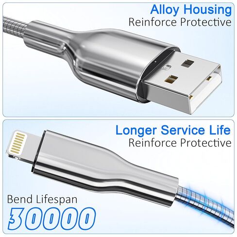 كابل شحن iPhone مقاوم للمضغ بطول 6.6أقدام، كابل USB إلى Lightning معتمد من MFi، سلك شاحن iPhone مضفر معدني فضي مع شحن سريع 3A، متوافق مع iPhone 14/13/12/11/8/7/6/X/XS/XR in Kuwait