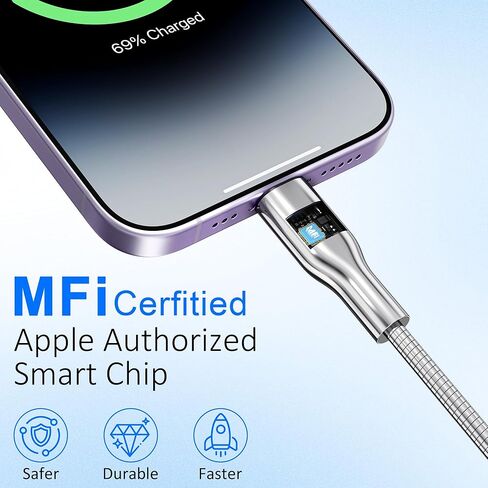 كابل شحن iPhone مقاوم للمضغ بطول 6.6أقدام، كابل USB إلى Lightning معتمد من MFi، سلك شاحن iPhone مضفر معدني فضي مع شحن سريع 3A، متوافق مع iPhone 14/13/12/11/8/7/6/X/XS/XR in Kuwait