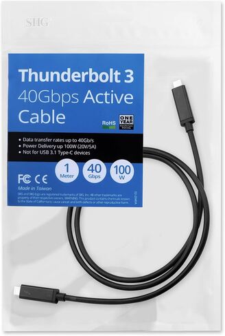 معتمد من SIIG Thunderbolt 3، كابل Thunderbolt 3 Active بسرعة 40 جيجابت في الثانية بطول 1 متر - شحن 100 واط/5 أمبير/20 فولت - سلسلة ديزي تصل إلى 6 أجهزة - USB من النوع C مع شعار Thunderbolt متوافق - 3.3 قدم in Saudi Arabia