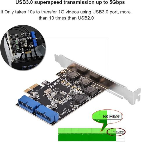 PCIE USB 3.0 Expansion Card Internal 2 Port 19Pin Header with 4 Power Modules 4 Solid Capacitors for Desktop PC Upgrade Gold Plated PCIE x1 Interface Low Profile Baffle in Saudi Arabia