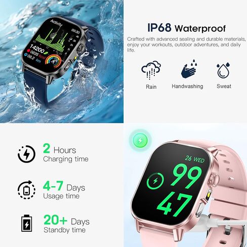 ساعة ذكية للرجال والنساء مع شاشة HD 2.0 بوصة، مراقب ضغط الدم والأكسجين ومعدل ضربات القلب، 136 وضعًا رياضيًا، جهاز تتبع اللياقة البدنية المقاوم للماء IP68 مع SOS، مصباح يدوي (وردي) in Kuwait