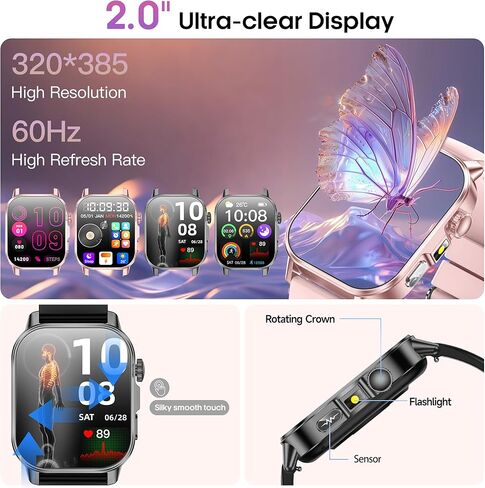 ساعة ذكية للرجال والنساء مع شاشة HD 2.0 بوصة، مراقب ضغط الدم والأكسجين ومعدل ضربات القلب، 136 وضعًا رياضيًا، جهاز تتبع اللياقة البدنية المقاوم للماء IP68 مع SOS، مصباح يدوي (وردي) in Kuwait