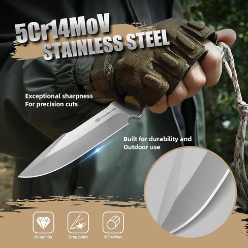 9.29" Fixed Blade Knife with Sheath B-ER-DROP POINT, 5Cr14MoV Steel Full Tang Tactical Knife for Men with ABS Handle,Khaki-Sliver in Saudi Arabia