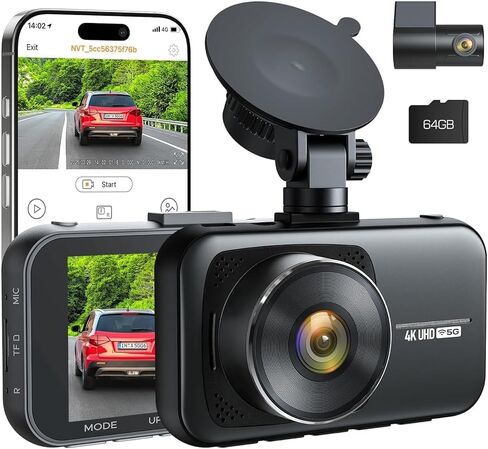 كاميرا داش كام أمامية وخلفية 4K، بطاقة 64 جيجابايت متضمنة، كاميرا داش عالية الدقة 3.0 بوصة IPS للسيارات مع واي فاي 5G والتحكم في التطبيقات، رؤية ليلية، مستشعر G، تسجيل حلقي، وضع ركن السيارة للسائقين in Kuwait