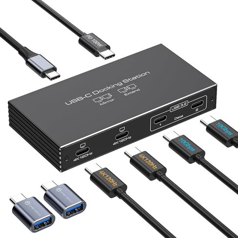 محول شاشة مزدوجة USB C 4K120 هرتز، موزع Thunderbolt Splitter 6 في 1 USB C مع إخراج فيديو بوضع DP Alt، نقل بيانات 10 جيجابت في الثانية وشحن PD 100 واط لشاشة الكمبيوتر المحمول المحمولة، مع كابل واحد من النوع C in Kuwait