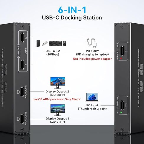 محول شاشة مزدوجة USB C 4K120 هرتز، موزع Thunderbolt Splitter 6 في 1 USB C مع إخراج فيديو بوضع DP Alt، نقل بيانات 10 جيجابت في الثانية وشحن PD 100 واط لشاشة الكمبيوتر المحمول المحمولة، مع كابل واحد من النوع C in Kuwait