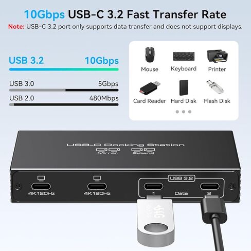 محول شاشة مزدوجة USB C 4K120 هرتز، موزع Thunderbolt Splitter 6 في 1 USB C مع إخراج فيديو بوضع DP Alt، نقل بيانات 10 جيجابت في الثانية وشحن PD 100 واط لشاشة الكمبيوتر المحمول المحمولة، مع كابل واحد من النوع C in Kuwait