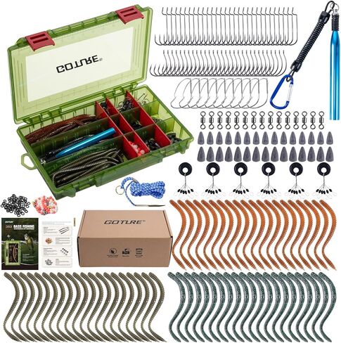 Goture 354PCS Wacky Worm Fishing Lure Kit, Bass Fishing Wacky Rig Tool Kit with Soft Plastics Lures, O-Rings, Offset Worm Hooks, Drop Shot Hooks, Beads, Sinker Weights, 3600 Tackle Box, Gifts of Men in Saudi Arabia