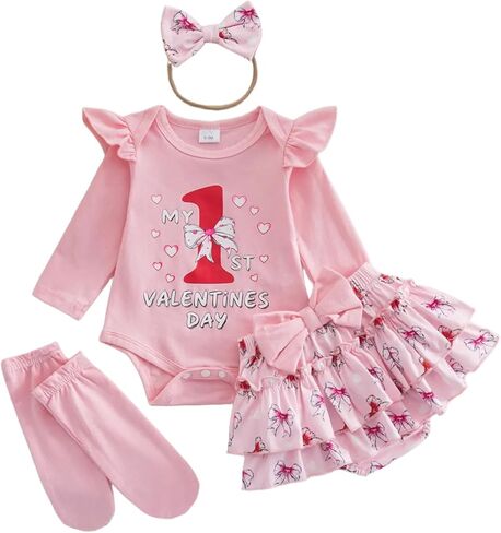 JiAmy Baby Girls My 1st Valentine's Day Outfit Newborn 4 Piece Romper Skirt Headband Legging Socks Set 0-18M in Saudi Arabia