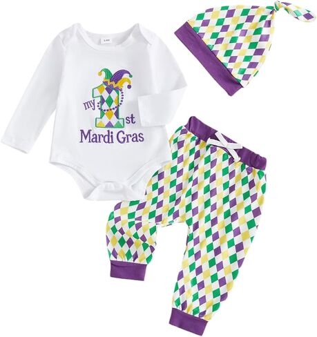 YOKJZJD 3Pcs Newborn Baby Boy Girl My 1st Mardi Gras Outfit Long Sleeve Romper Bodysuit Pants Hat Set Fall Clothes in Saudi Arabia