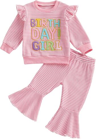 Gaono Birthday Girl Baby Clothes First Birthday Bell Bottom outfit Waffle Knit Striepd Pullover Sweatshirt Flare Pants Set in Saudi Arabia
