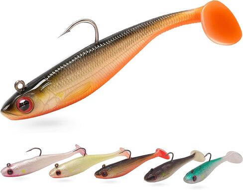 3 1/2" Pre-Rigged Jig Head Fishing Lures Pack of 5 - Soft Plastic Paddle Tail Swimbait with Hook for Freshwater and Saltwater in Saudi Arabia