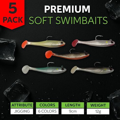 3 1/2" Pre-Rigged Jig Head Fishing Lures Pack of 5 - Soft Plastic Paddle Tail Swimbait with Hook for Freshwater and Saltwater in Saudi Arabia