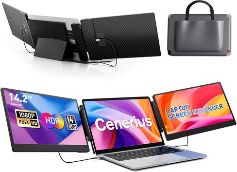 موسع شاشة كمبيوتر محمول 14.2 بوصة من Cenerius، شاشة محمولة FHD 1080P IPS لأجهزة الكمبيوتر المحمول، موسع شاشة ثلاثي الشاشة متوافق مع أجهزة الكمبيوتر المحمولة 13 بوصة - 17 بوصة، HDMI/USB-A/C Plug-Play لنظام التشغيل Windows وMac وAndroid in Kuwait