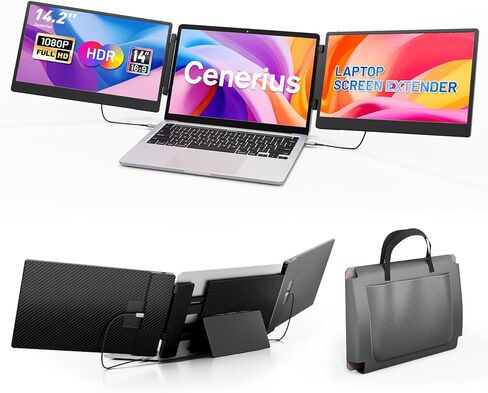 موسع شاشة كمبيوتر محمول 14.2 بوصة من Cenerius، شاشة محمولة FHD 1080P IPS لأجهزة الكمبيوتر المحمول، موسع شاشة ثلاثي الشاشة متوافق مع أجهزة الكمبيوتر المحمولة 13 بوصة - 17 بوصة، HDMI/USB-A/C Plug-Play لنظام التشغيل Windows وMac وAndroid in Kuwait
