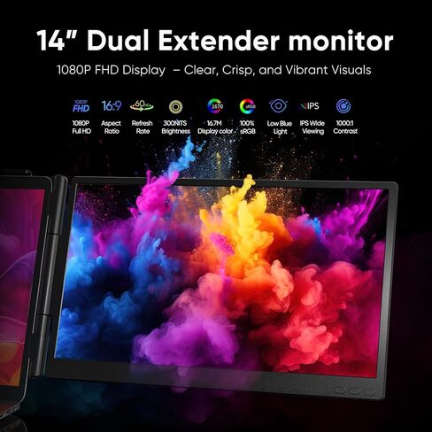 Laptop Screen Extender, 14" FHD 1080P Dual Screen Monitor for Laptops Ultra-Light Portable Monitor with USB-C/HDMI, Plug & Play for Windows/Mac/Chrome/Linux/Android/Switch/PS5 in Saudi Arabia