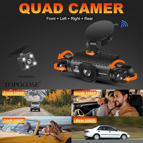 كاميرا داش كام ذات 4 قنوات عرض 360 درجة، TOPGOOSE 2K أمامي وخلفي من الداخل، كاميرا داش يسار يمين للسيارات، 5G WiFi والتحكم في التطبيق، مع بطاقة SD سعة 64 جيجابايت، مستشعر G، رؤية ليلية، وضع انتظار السيارات على مدار 24 ساعة in Kuwait