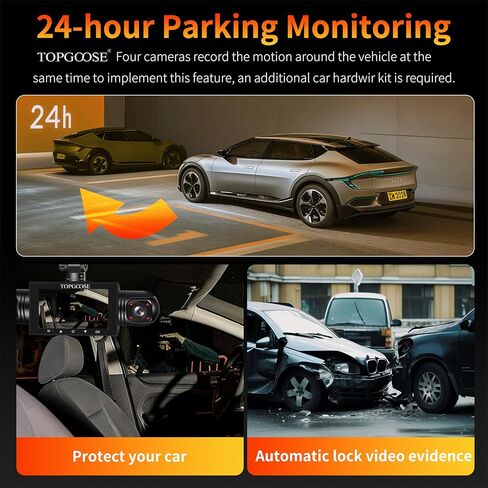 كاميرا داش كام ذات 4 قنوات عرض 360 درجة، TOPGOOSE 2K أمامي وخلفي من الداخل، كاميرا داش يسار يمين للسيارات، 5G WiFi والتحكم في التطبيق، مع بطاقة SD سعة 64 جيجابايت، مستشعر G، رؤية ليلية، وضع انتظار السيارات على مدار 24 ساعة in Kuwait