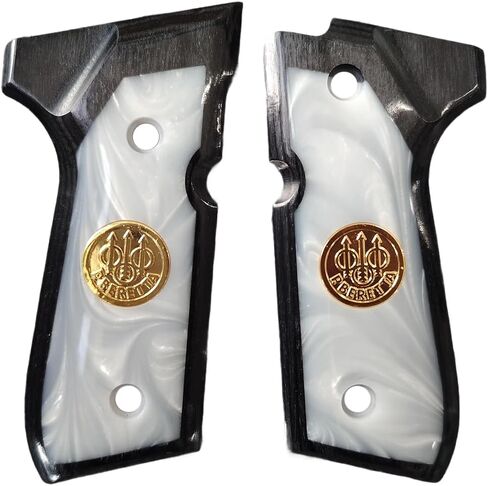 مقابض CTG لـ Beretta 92 FS، لؤلؤة بيضاء، لؤلؤة ذهبية، عاجية مربوطة، مع ميدالية ذهبية، نسيج خشبي أسود، يناسب 92FS، 92F، 92A1، M9، M9A1 - لوحات قبضة مسدس كاملة الحجم in Kuwait