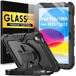 حافظة BLOSOMEET لجهاز iPad A16 الجيل الحادي عشر/العاشر 11 بوصة/10.9 بوصة 2025/2022 مع واقي شاشة من الزجاج المقوى وحامل أقلام رصاص، غطاء متين من الدرجة العسكرية مع حزام كتف يدوي، أسود in Kuwait