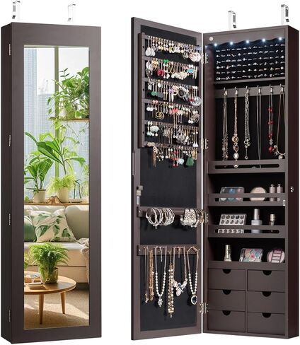 Giantex Wall or Door Mounted Jewelry Cabinet with Full Length Mirror, Over The Door Jewelry Armoire Organizer, Hanging Storage Cabinet with Necklace Hooks, Earring Slots, Ring Slots & Shelves (Black) in Saudi Arabia